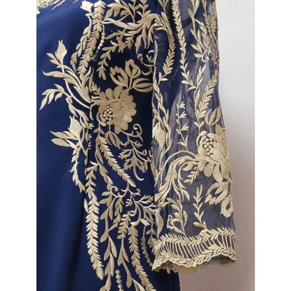 💙 NWT Blue Gold Floral Embroidered ¾ Mesh Sleeves Formal Sheath Dress SIZE 6 - Picture 11 of 15